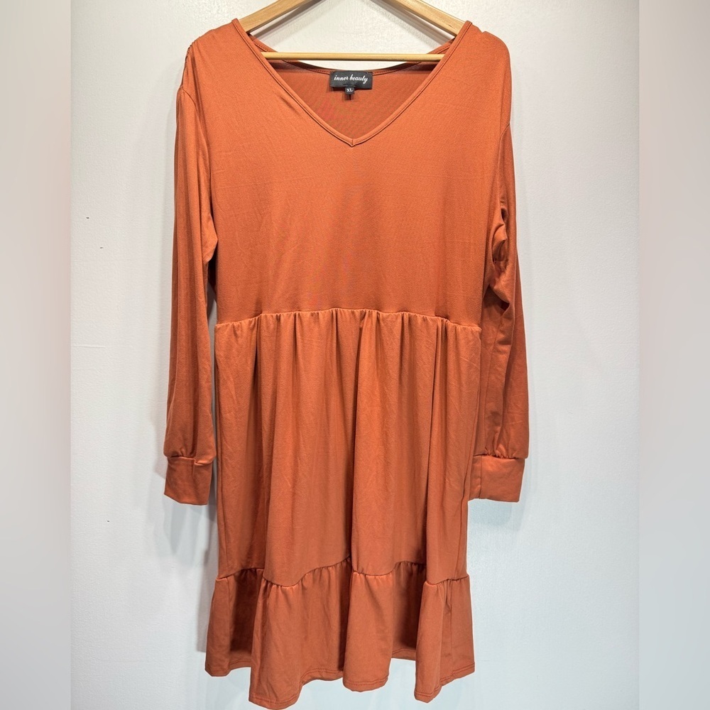 Inner Beauty Rust Orange Baby Doll Tiered Ruffle Long Sleeve V Neck Knit Dress